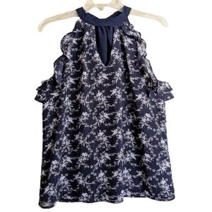 Chance or Fate Halter Top Blue Chiffon Floral Flowy Ruffle Choker Keyhole Sleev…